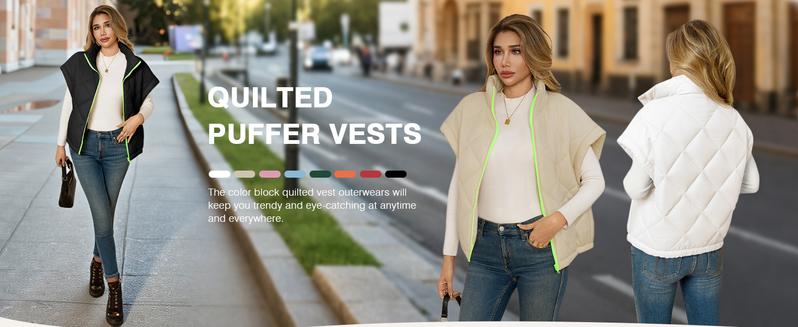 Tankaneo Womens Lightweight Puffer Vests Sleeveless Quilted Jackets Short Sleeve Zip Up Vest Oversized Warm Outerwear