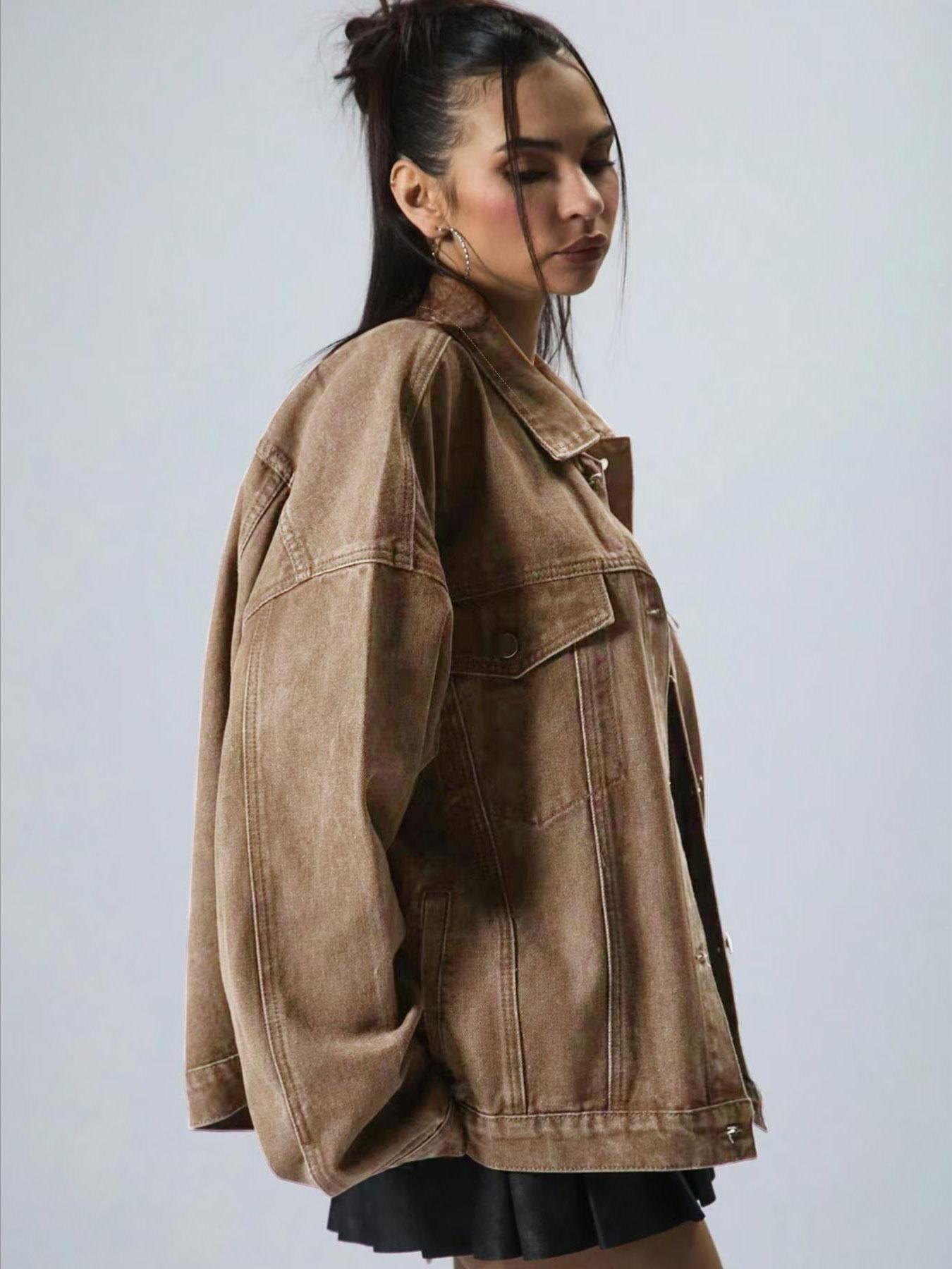 Women's Plain Button Front Drop Shoulder Denim Coat, Casual Long Sleeve Collared Pocket Outerwear for Daily Wear, Ladies Clothes for All Seasons, Clothing for Women