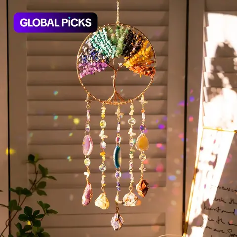 Bohemian Tree of Life Dream Catcher, Crystal Sun Catcher & Stone Wind Chime, Hangable Irregular Tree Shape, Home Living Room and Window Garden Hanging Decoration, Wall Art Ornament, Decoration Items, Birthday Housewarming Gift #GLOBAL PICKS