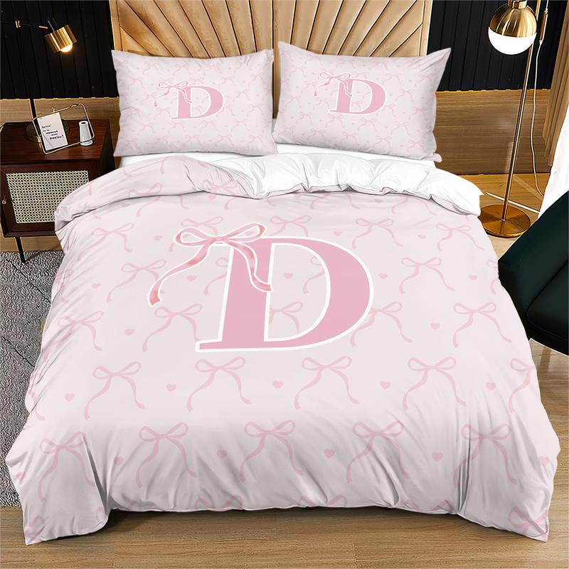Letter Bow Pattern Soft Durable Bedding Set, Includes 1 Fitted Sheet & Pillowcases, Modern Style Bedroom Decor Gift for Teens Adults, Soft Bedding Sets