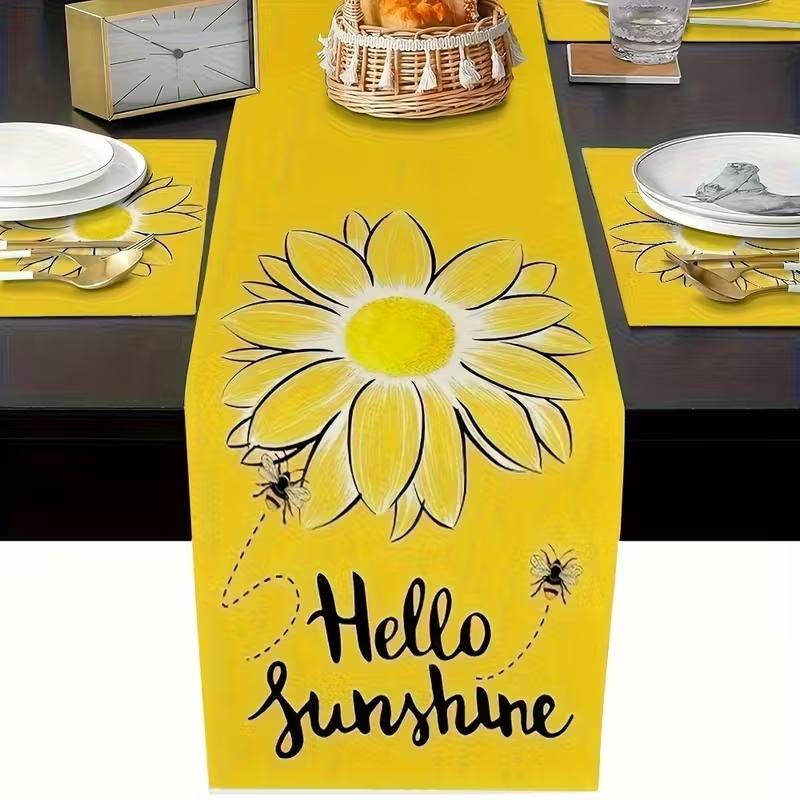 5/7-piece table flag+placemat combination Set, Decorative summer sunflower pattern design, Home Decor, suitable for kitchen, dining room, living room and indoor/outdoor wedding decoration