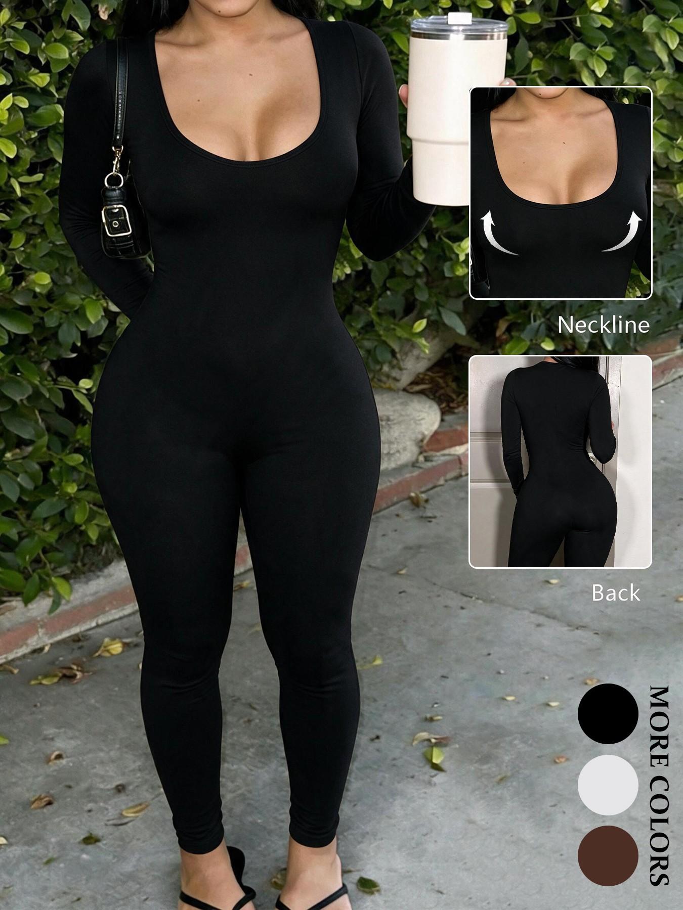 Body Shaping Black U Neck Long Sleeve Jumpsuit, Stretch Knit Wrap Figure Lines, Deep U Neck Modify Upper Body, Slim Long Leg Pants Extend Proportion, Curvy & Petite Friendly Design, Daily Walking Outfit, Party Styling, Simple All-Black Slimming One-Piece