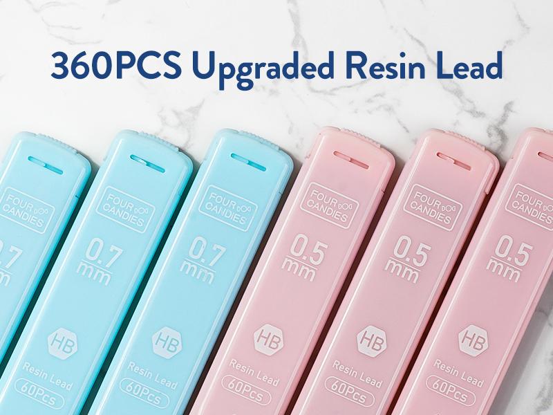 Four Candies Cute Mechanical Pencil Set, 6PCS Pastel Mechanical Pencils 0.5 & 0.7mm with 360PCS HB Leads, 3PCS Erasers and 9PCS Eraser Refills, Aesthetic School Supplies for Girls Writing Art Materials