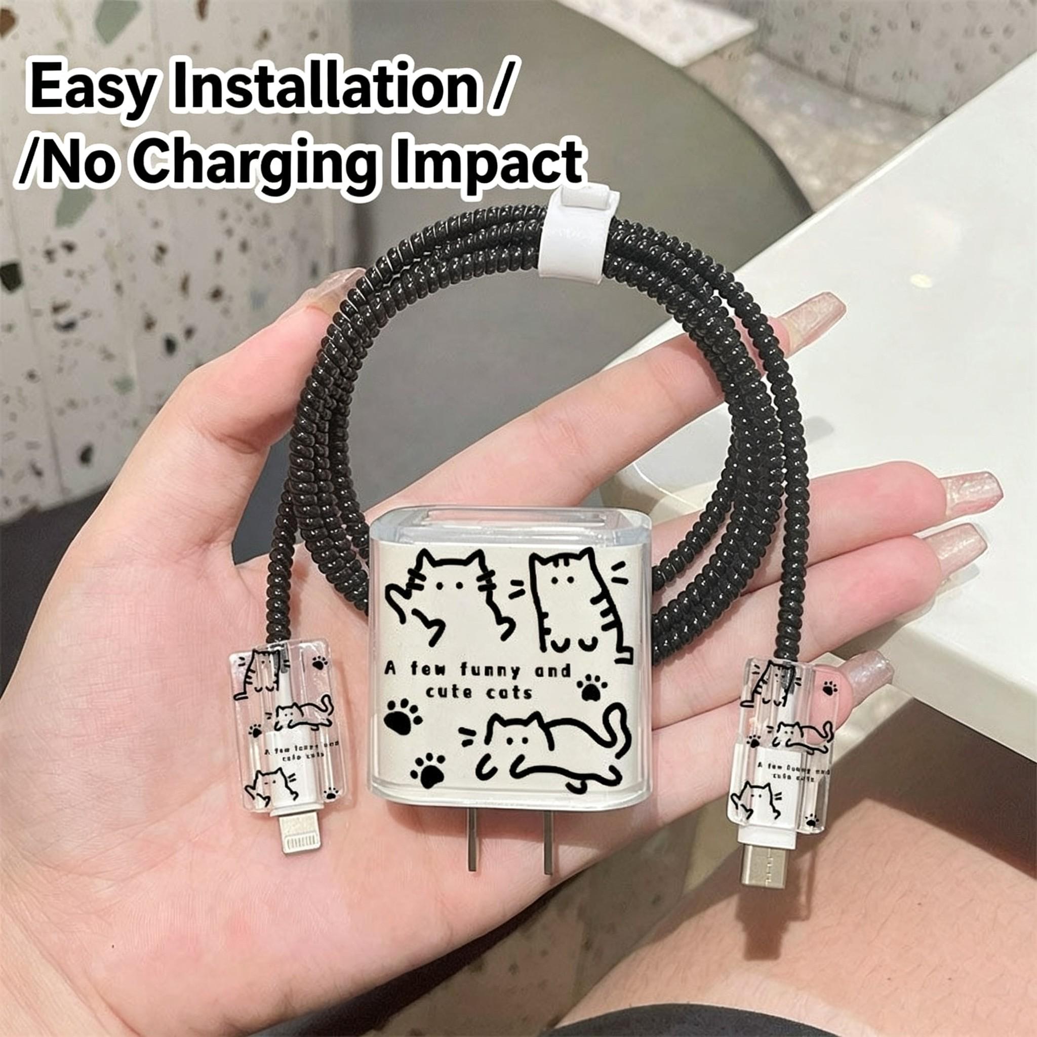 Cute Cat Charger Protection Set, Transparent Case with Paw Print Design, Spiral Cable Protector, iPhone 18w 20w PD Charging Accessories
