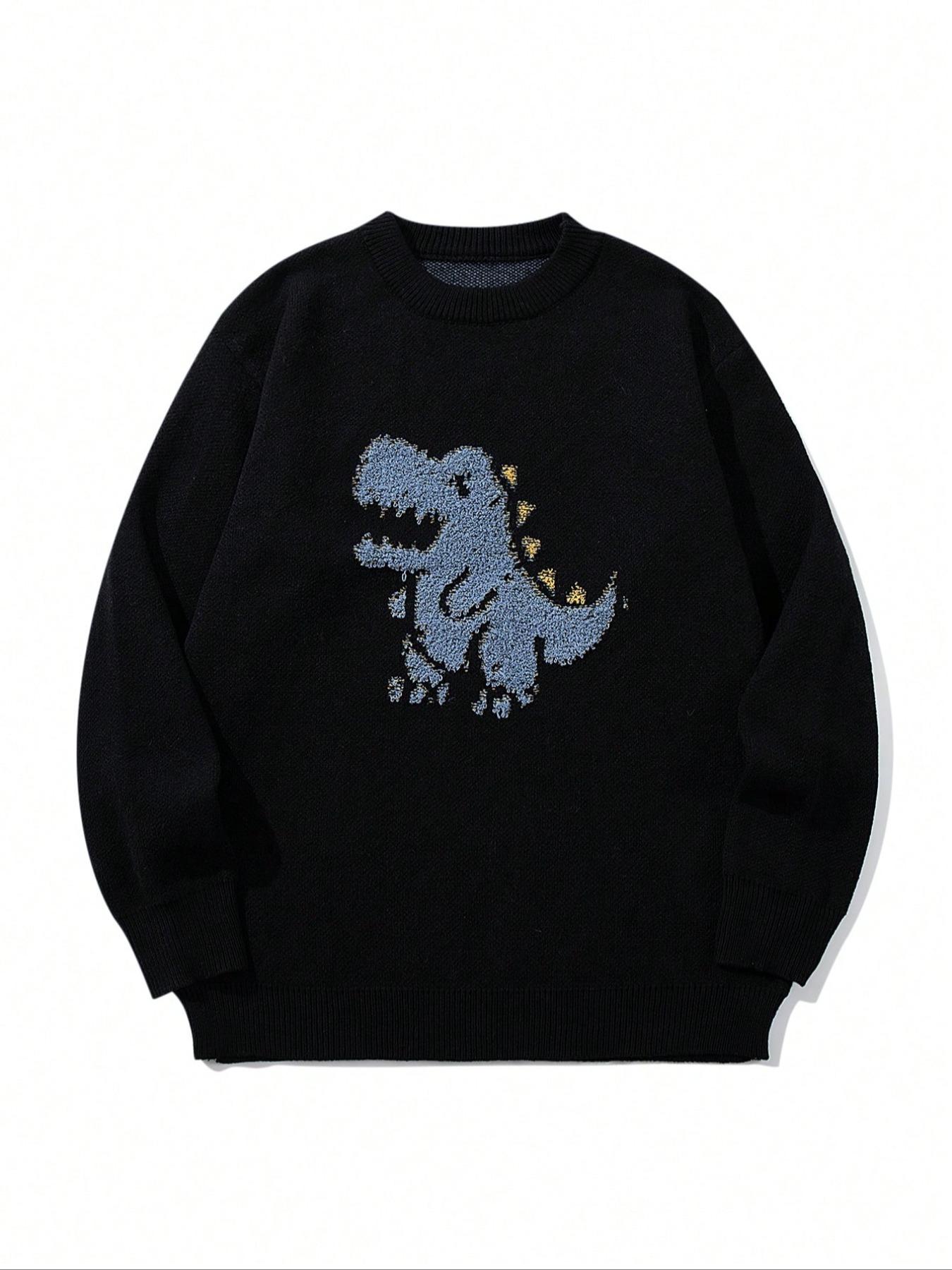 Men's Fall Winter Casual Loose Fit Knitted Sweater, Cute Dinosaur Cartoon Pattern, Long Sleeve Round Neck Pullover, Versatile Commuter Wear, Knitwear, Casual Fashion Knitwear