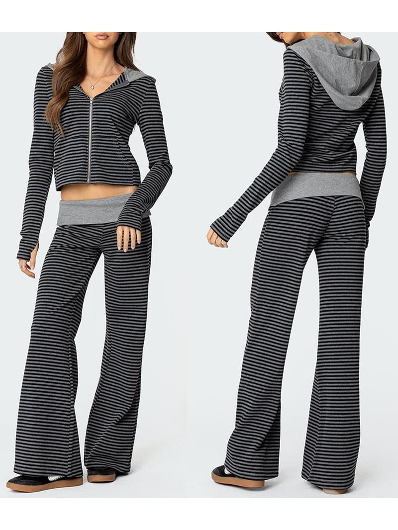 Women's 2 Piece Casual Outfits Long Sleeve Zip Up Hooded Striped Tops Wide Leg Pants Sets