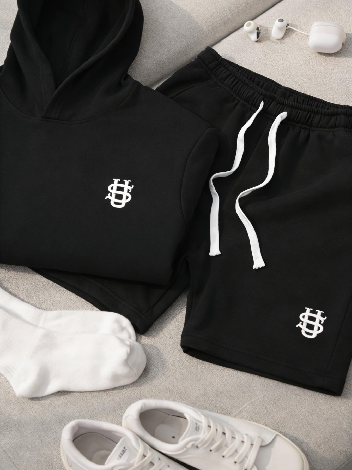 Men's High Street Long Sleeve Hoodie Set with Drawstring Shorts, Casual Lazy Style Two-Piece, Comfortable and Stylish Clothing Outfit Sets