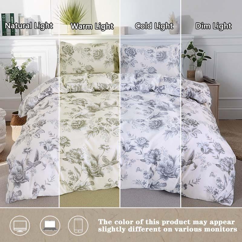 Spring & Summer Refresh, Ink Wash Floral and Bird Print 3-Piece Duvet Cover Set, Includes 1 Duvet Cover and 2 Pillowcases (Without Insert), Soft and Comfortable, Machine Washable for Easy Care.