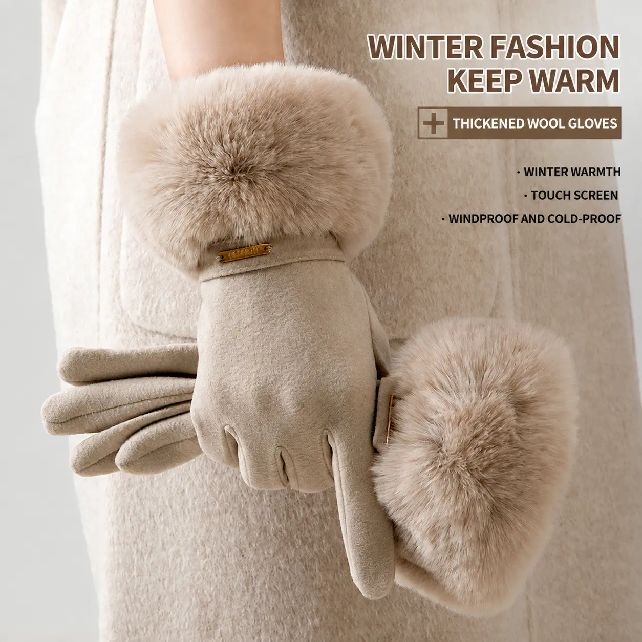 Fashionable Winter Touchscreen Gloves Fleece Lined Warm Faux Fur Cuff Windproof Driving Mittens for Women Outdoor Cycling Travel