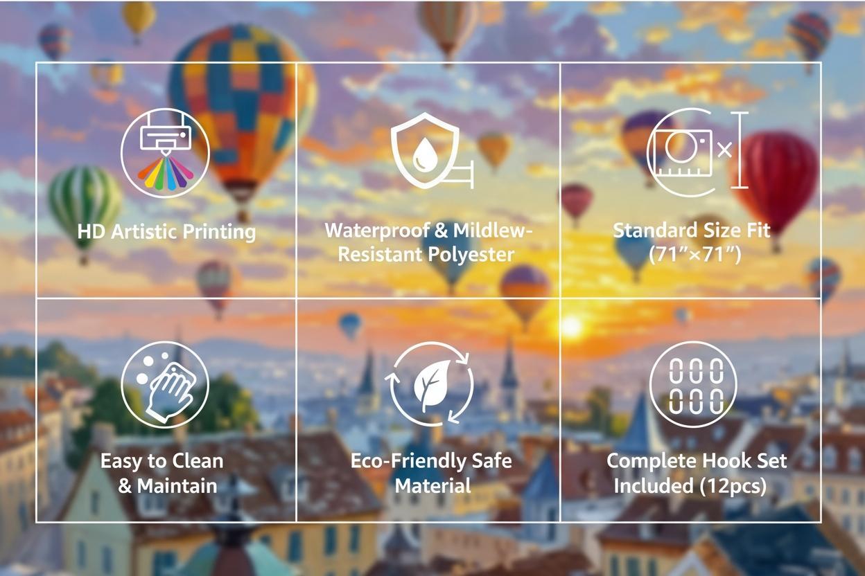 Vintage Hot Air Balloon Bath Curtain, Dreamy European Town Design, Soft Polyester, High-Definition Print, Romantic Bathroom Decor