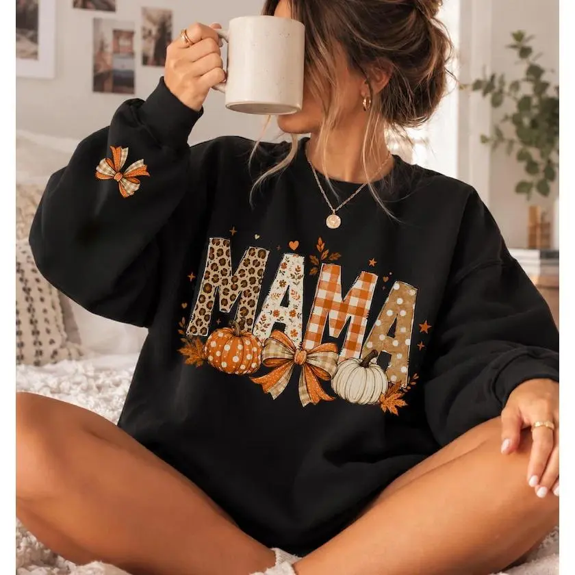 Fall Mama Graphic Sweatshirt & Hoodie, Cute Pumpkin Bow Leopard Plaid Print Top, Thanksgiving Autumn Long Sleeve Pullover for Women