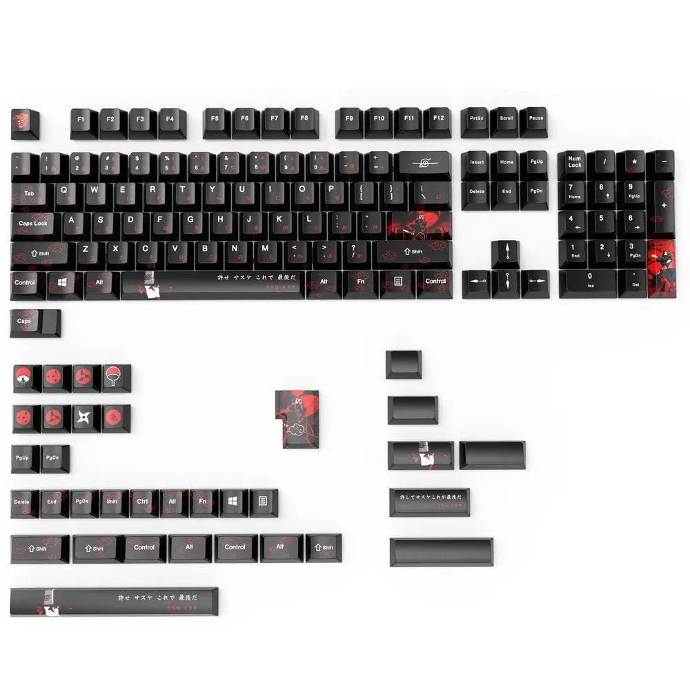 Tanuki Black & Red themed keycaps, OEM height, 139 keys total, full five-sided dye sublimation, PBT keycaps, non-transparent.