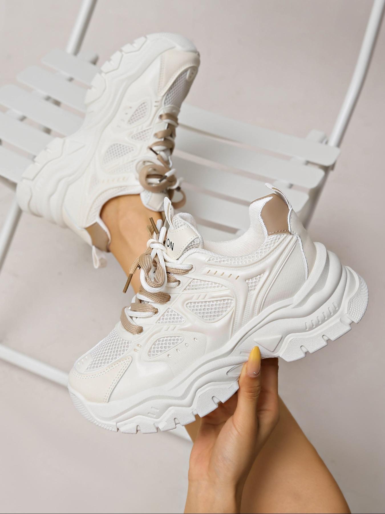 Thick Sole Casual Shoes, Flat Mesh Sneakers, All Seasons Round Toe Lace-Up Dad Shoes, Sizes 36-41 Available