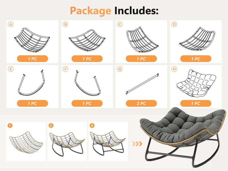 UDPATIO Rocking Chairs Patio rocker Comfy Reading moon Chairs Set with Oversized Cushion for Garden Lounge Indoor Outdoor furniture Ergonomic Bean Bag outdoor furniture Beanbag