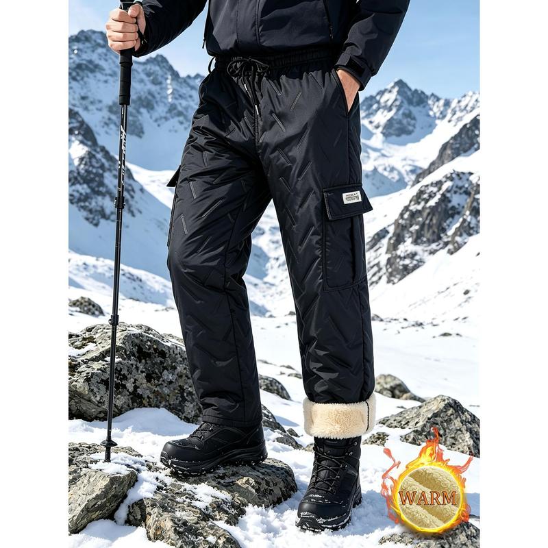 Men's Winter Outdoor Wool Work Pants with Drawstring and Flap Pockets, Solid Color Warm Street Casual Pants, Suitable for Daily Wear and Outdoor Activities Like City Skiing and Hiking