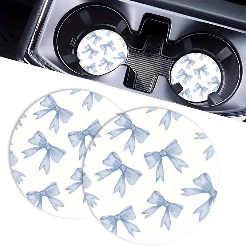 2 Blue Bow Pattern Coasters - Absorbent Non-Slip Car Cup Holders with Cute Floral Design, Durable Rubber Material, Perfect for Vehicle Interior Decor, Car Cup Holder Decor