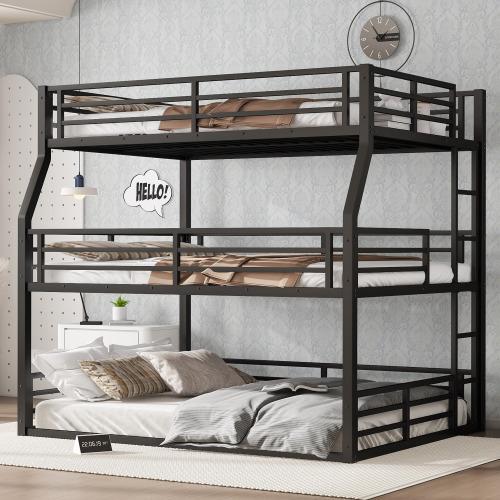 [Bellemave]Bunk Bed, Metal Triple Bunk Bed with Safety Guardrails, Heavy-duty Bunk Bed with Noise-reduced Design