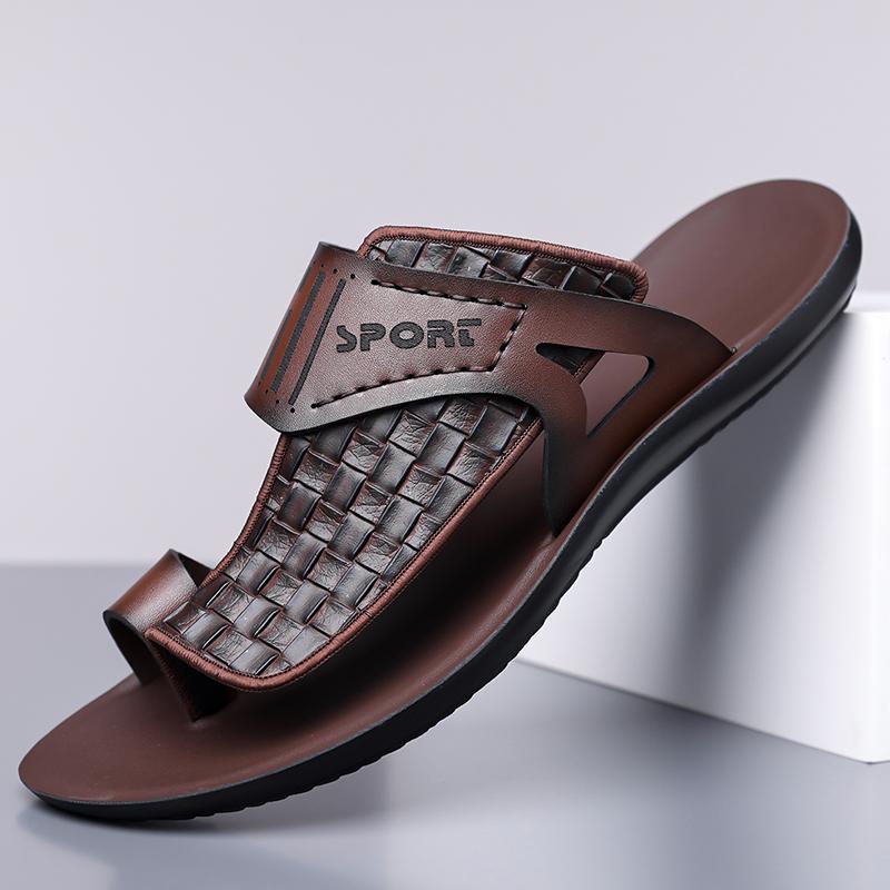 Men's Summer New Sandals, Letter Print Straw Texture, Trendy Anti-Slip Thin Sole, Casual Beach Shoes, Fashionable and Comfortable