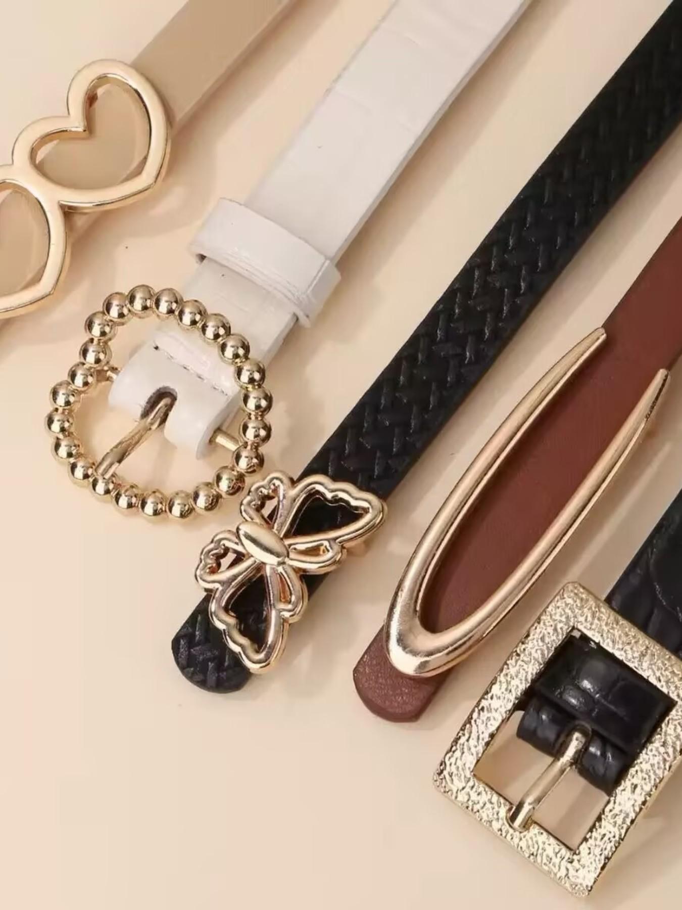 5-Piece Fashion Buckle Set, Vintage Solid PU Belt, Casual Denim Waistband for Women, Stylish Accessory for Everyday Wear