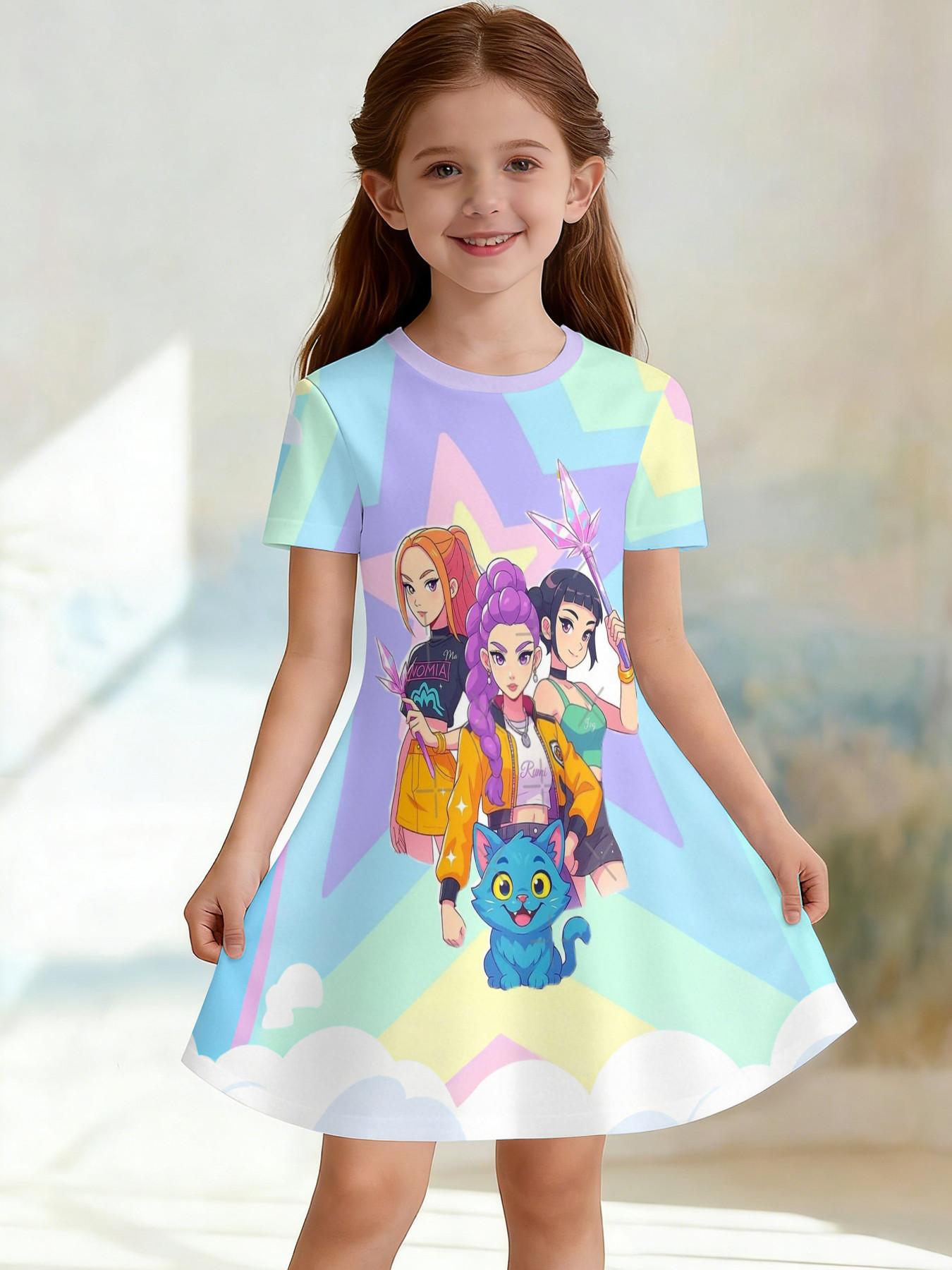 Girls' 3D Kpop Dress, Macaron Color Star Cloud Print A-Line Skirt, Perfect for Parties, Festive Gifts, Birthday Presents