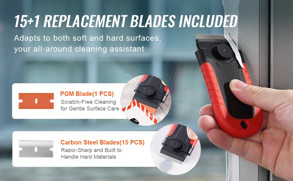 VEVOR Razor Blade Scraper, 15 Extra Blades, Locking Scraper Tool with Security Cap, Carbon Steel and POM Blades, for Cleaning Labels, Stickers, Decals, Paint from Glass Window Stovetop Cooktop Oven