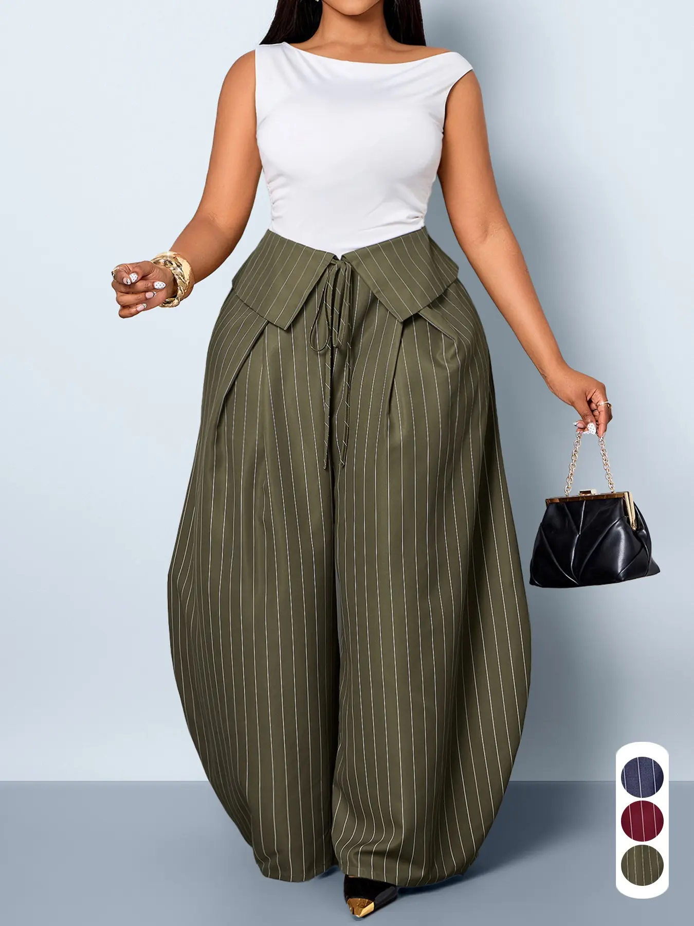Women's Plus-Size Casual Striped High-Waisted Loose Trousers with Drawstring and Double-Layer Detail; Suitable for Daily Commuting and Vacation; All-Season Plus-Size Fashion Drawstring Hanging Pants