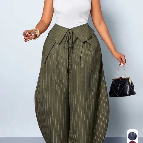 Women's Plus-Size Casual Striped High-Waisted Loose Trousers with Drawstring and Double-Layer Detail; Suitable for Daily Commuting and Vacation; All-Season Plus-Size Fashion Drawstring Hanging Pants