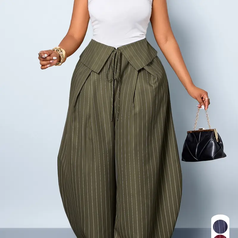 Women's Plus-Size Casual Striped High-Waisted Loose Trousers with Drawstring and Double-Layer Detail; Suitable for Daily Commuting and Vacation; All-Season Plus-Size Fashion Drawstring Hanging Pants