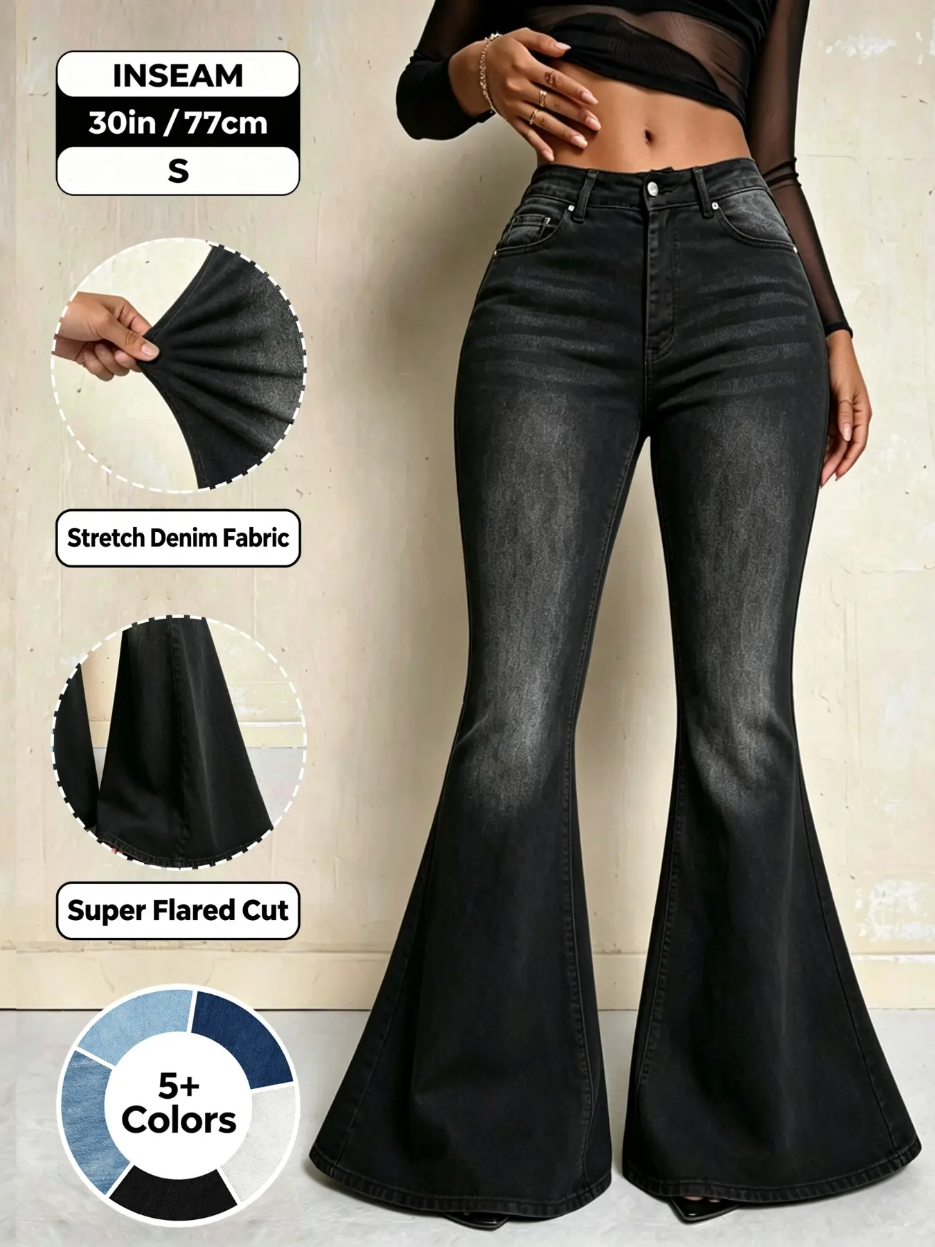 Women's High-Waisted Flare Jeans, Slim Fit Stretch Denim Long Pants, Y2K Vintage Boot Cut, Casual All-Season Fashion