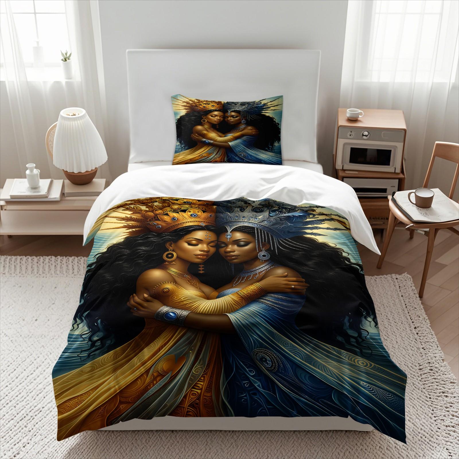 3PCS Gold Blue Black Goddess Hug Duvet Cover Set (1 Duvet Cover + 1-2 Coreless Pillowcases), African Queen Crown Art Print, Skin-Friendly Soft Comfy All Seasons Summer Vibes Artistic Print Bedding Set, Ideal for Bedroom Dorm Decor, Printed Bedding Set