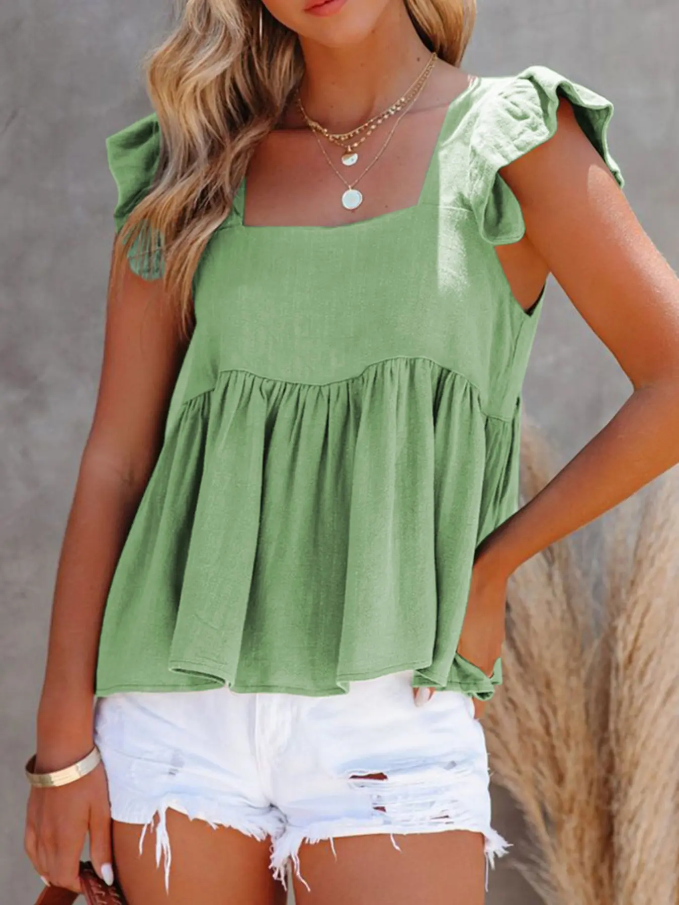 New Summer Women's Ruffle Square Neck Sleeveless Shirt Blouse Fit, Solid Color Button Babydoll Top, Elegant Fashion for Office and Dates, Womenswear Casual