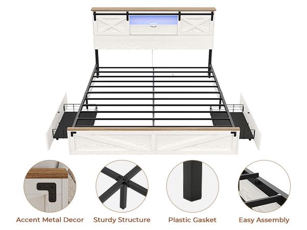 Hasuit Farmhouse Bed Frame California King Size with Storage Bookcase Headboard, Wooden Cal King Bed with LED Lights, Charging Station, 2 Drawers, Country Rustic Bed Frame with Sliding Barn Door