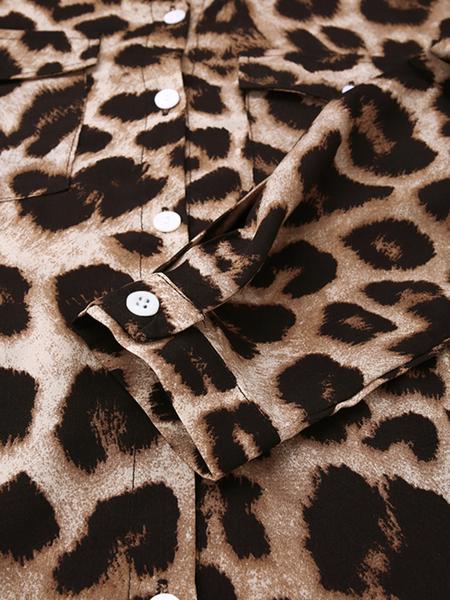 Women's Leopard Print Button Front Flap Pocket Shirt Dress, Casual Curved Hem Long Sleeve Collared Long Dress for Daily Wear, Ladies Clothes for All Seasons