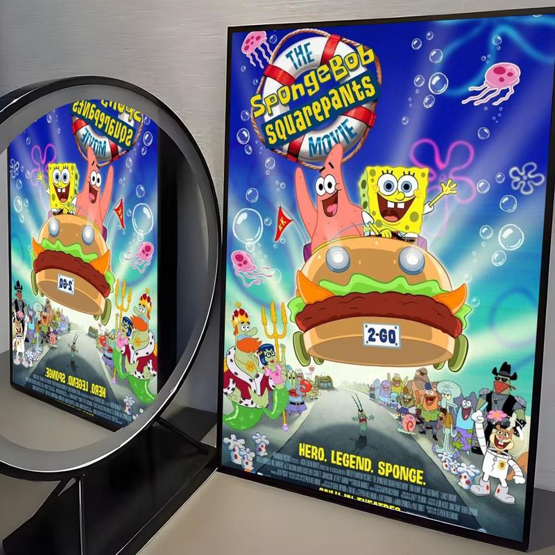 Cartoon S-SpongeBob S-SquarePants Poster Waterproof HD Wall Sticker | Self-Adhesive Decorative Art Poster | Fade-Resistant Scratch-Proof for Long-Term Use | Easy to Apply and Clean | for Home Office Bedroom Living Room Kitchen Decor | Gift Idea