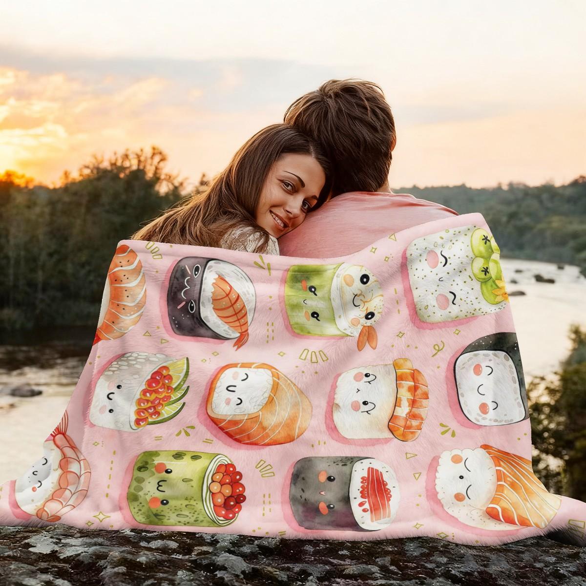 Cute Sushi Pattern Flannel Blanket, Soft Skin-Friendly Warm, Easy to Store, Multi-Scene Home Office Travel Throw, Suitable for Sushi Lovers