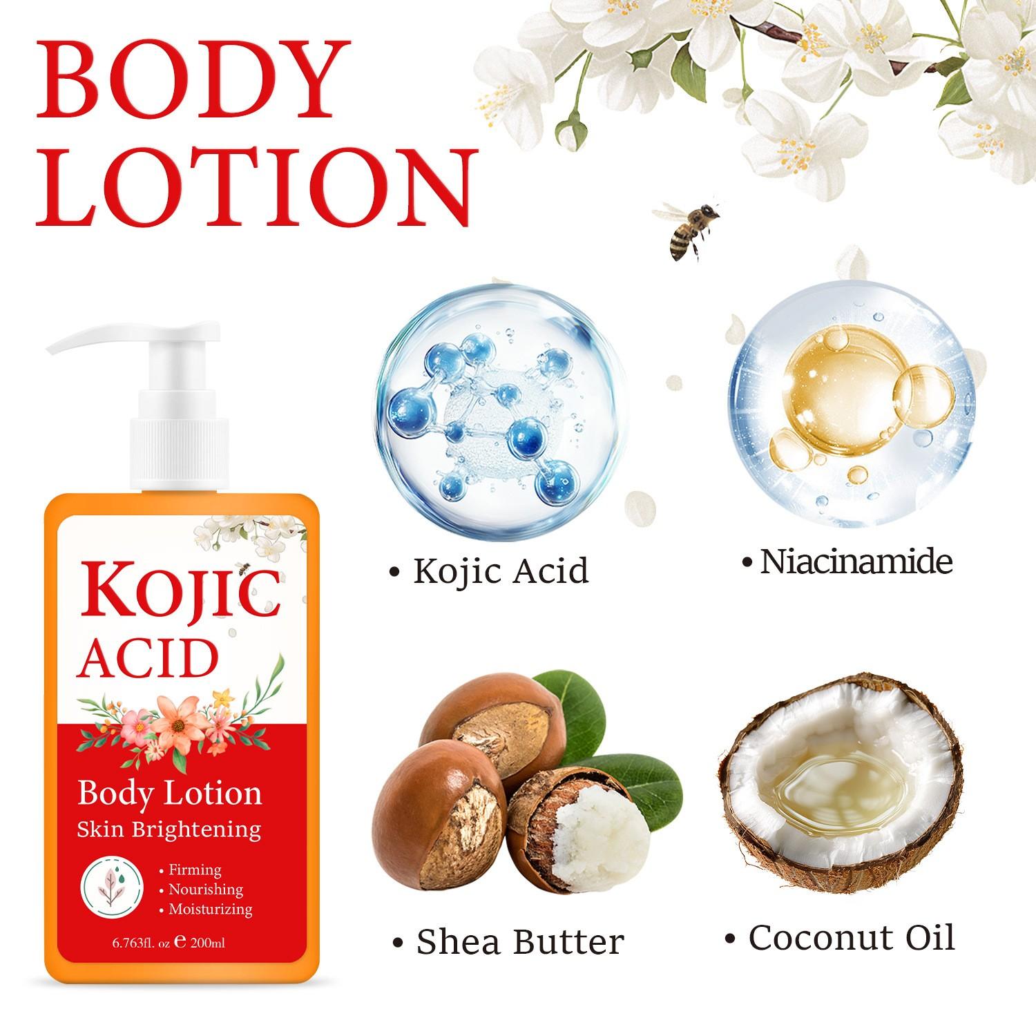 Kojic Acid Body Brightening Lotion, Improves Dull Skin, Even Tone, Tightens Loose Skin, Deep Moisturizing, Smooth Texture, 200ML