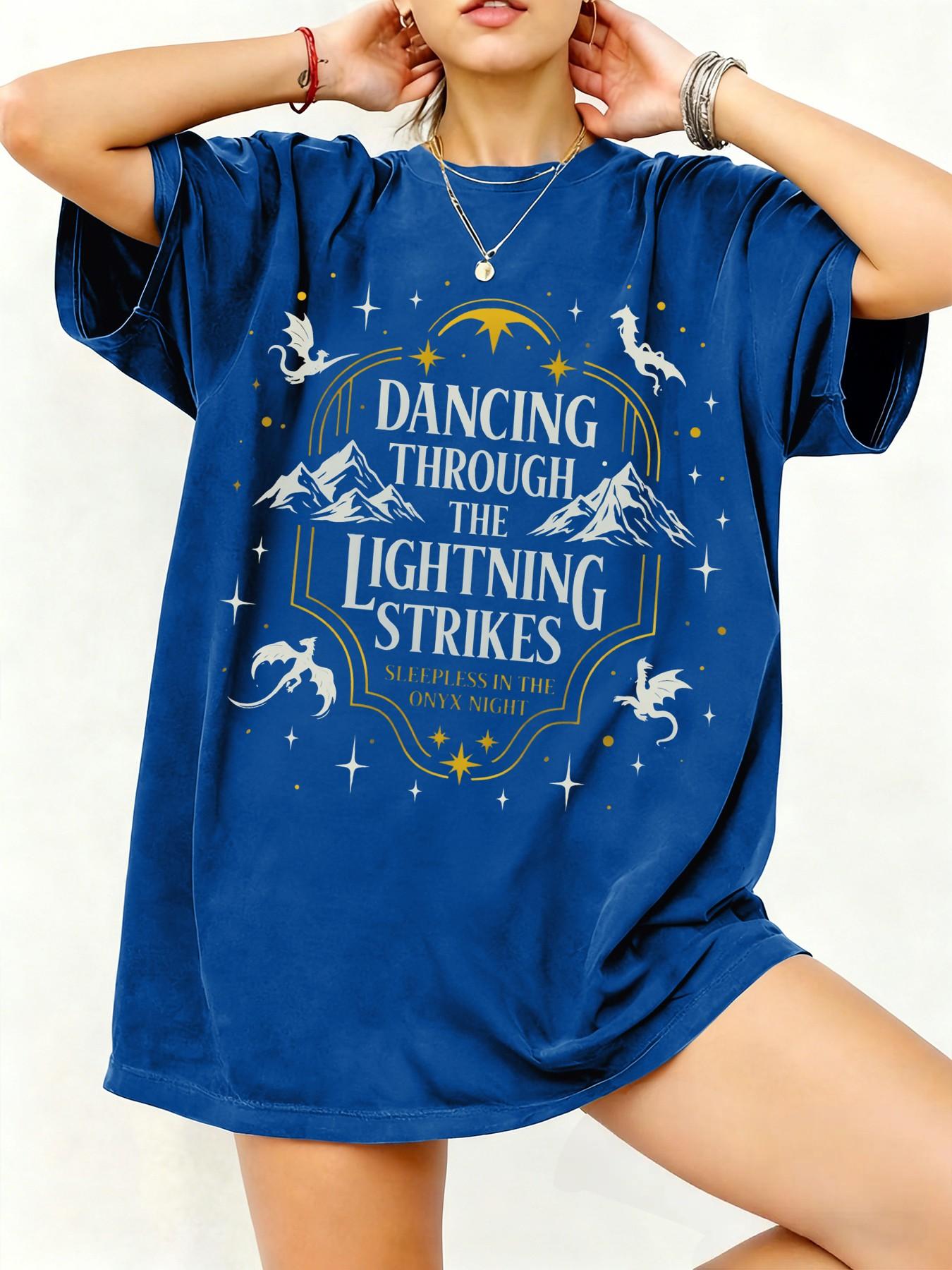 Women's Oversized Fantasy Dancing Through The Lightning Strikes Graphic Tee | Vintage Witchy Gothic Dark Academia Shirt |Snow Mountain & White Dragon Print Top | Baggy Casual T-Shirt | Fantasy Lover Gift Oversized Tee