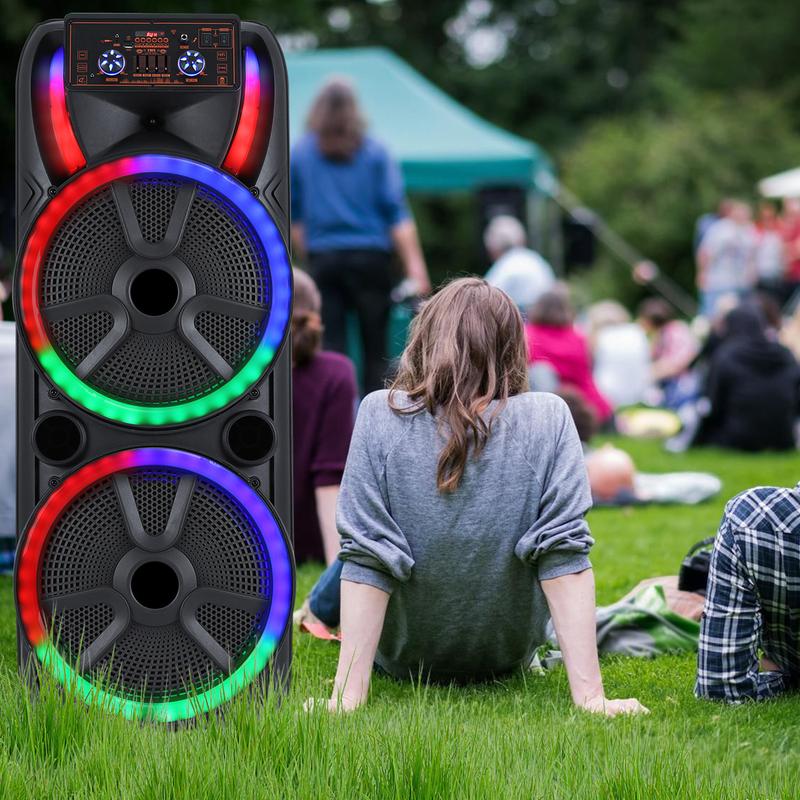 Dual 15 inch Karaoke Speaker System W/ 2 Microphone Portable Party Box Loud Big Speaker Wireless Bluetooth Stereo Rechargeable Remote Control LED Lighting Dual 15 inch Karaoke Speaker System W/ 2 Microphone Portable Party Box Loud Big Speaker Wireless Bluetooth Stereo Rechargeable Remote Control LED Lighting