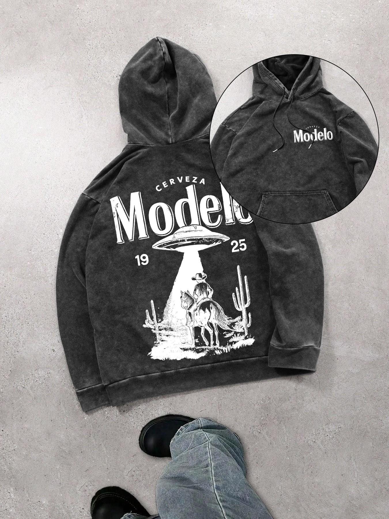 Mexican beer and UFO men's street retro style washed hooded sweatshirt, fashionable and trendy casual long-sleeved hoodie, men's spring and autumn style.