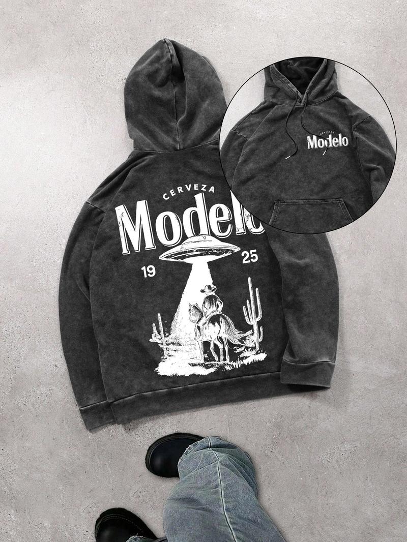 Mexican beer and UFO men's street retro style washed hooded sweatshirt, fashionable and trendy casual long-sleeved hoodie, men's spring and autumn style.