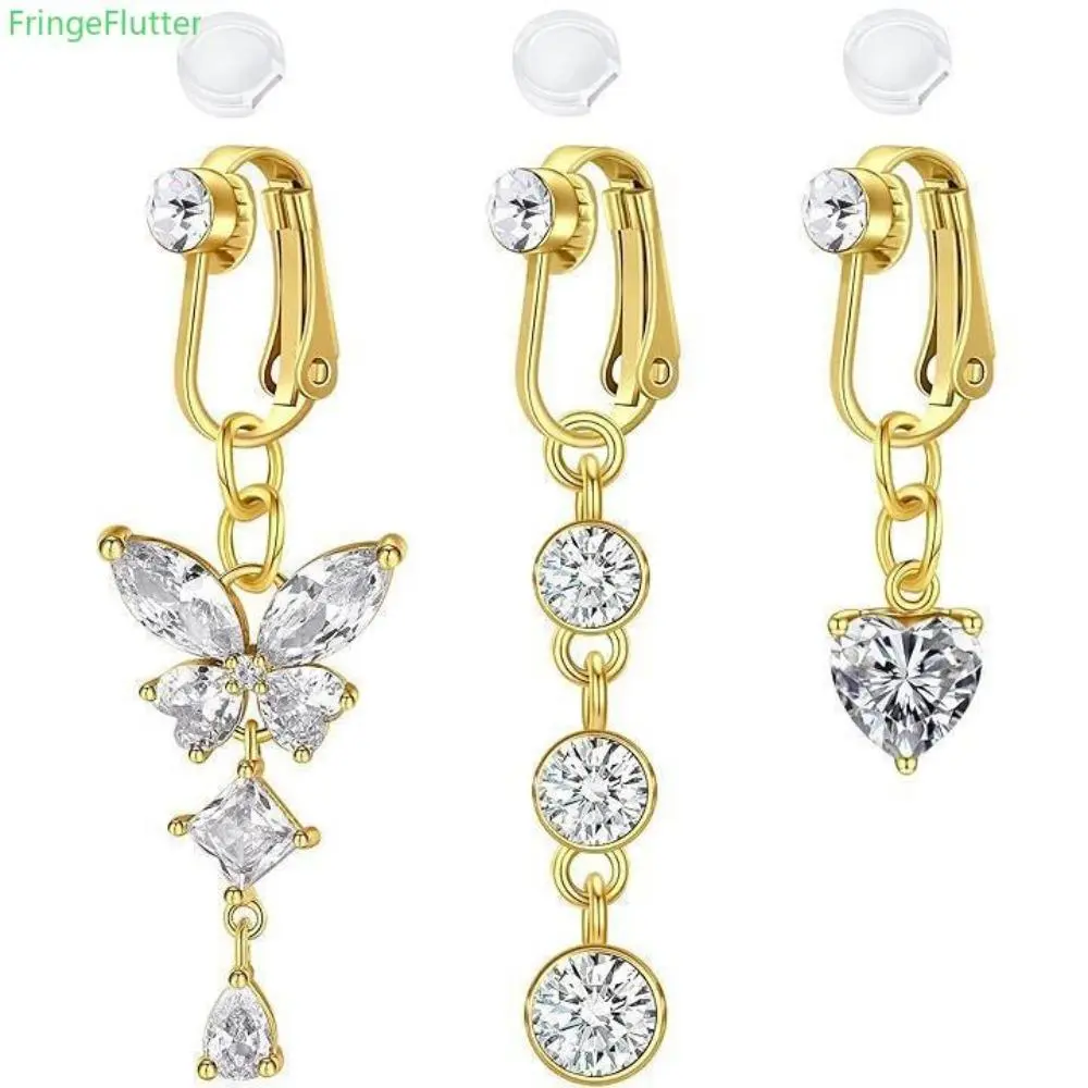 Clip-On Belly Button Ring, Crystal Butterfly & Heart Fake Navel Jewelry for Women, Dainty Non-Piercing Adjustable Clip for Parties & Gifts, Belly Button Rings, Body Jewellery, Wearable Jewelry, Fake Piercing, Alloy Frame, Accessories For Women, Christmas