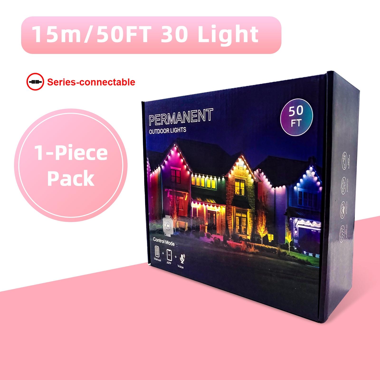 1 Pack Permanent DIY Outdoor Light Controlled by APP/Voice/Remote, RGB Smart Eaves Light, IP67 Waterproof, Suitable for Year-Round Outdoor Lighting on Roofs, Can be Used for Christmas, Holidays, 30 LEDs, 15 Meters, Extendable, Outdoor Waterproof Lights