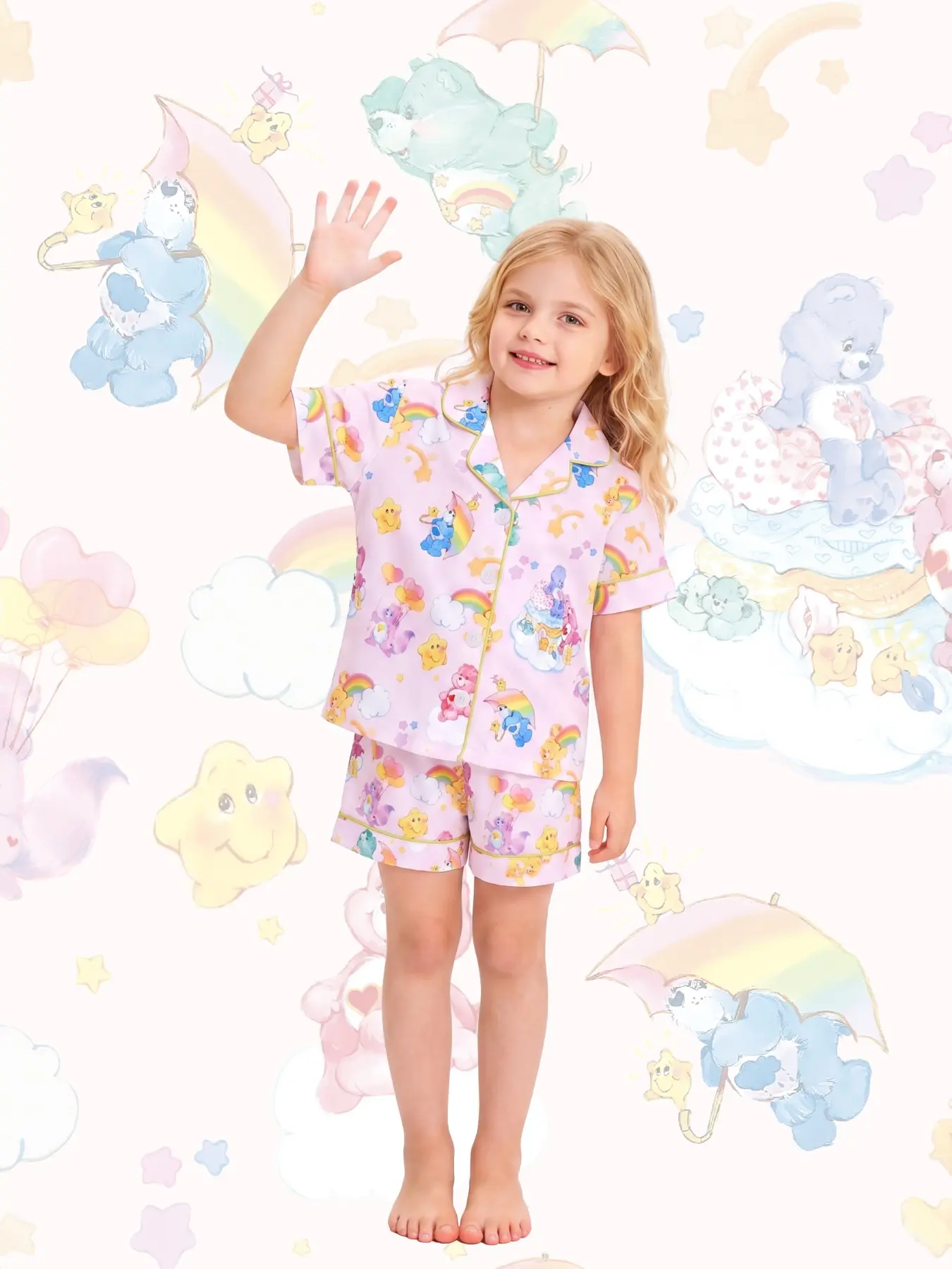 Kids Cartoon Pajama Set, Fire-Resistant Material, Cute Style, Short Sleeve, Elastic Shorts, Casual All-Season Sleepwear