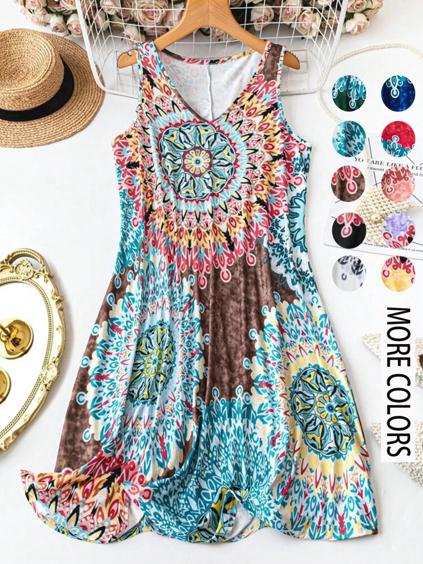 Women's Plus Size All Over Print Tank Dress. Casual Basic Sleeveless Dress. Comfortable and Stylish. Perfect for Vacation and Home Use. Boho. Bohemian