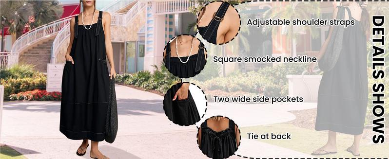 Yeokou Women's Barrel Midi Dress Sleeveless Strappy Maxi Dress with Big Pockets & Adjustable Straps Minimalist Basic Casual Fall Dress