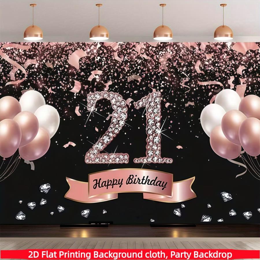 Pink gold diamond 21st birthday party background fabric, happy birthday polyester banner, suitable for living rooms, bedrooms, offices, birthdays, anniversaries, home decoration, outdoor and indoor parties, photography background fabric