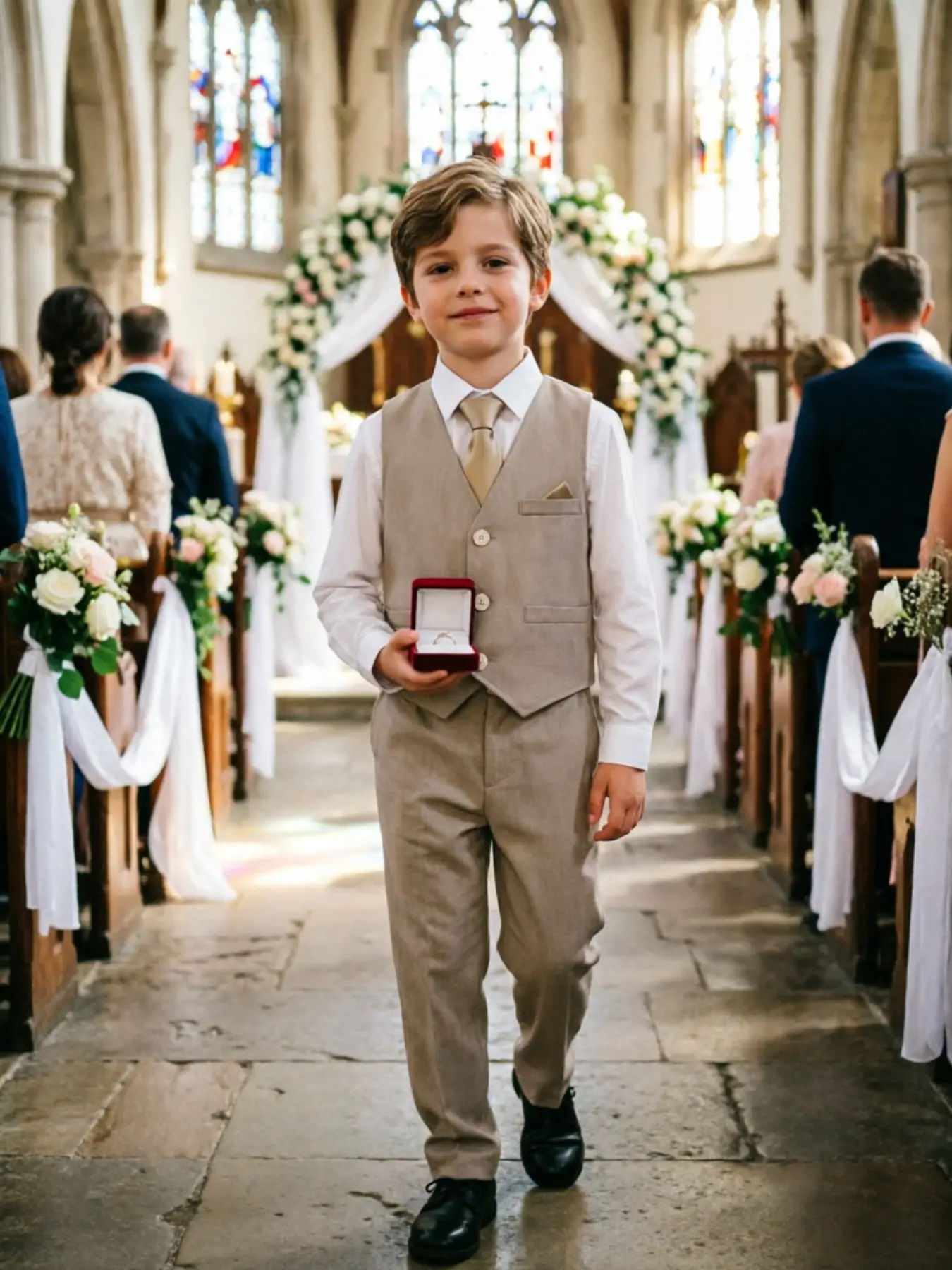 Boys Oatmeal 3-Piece Formal Vest Set Suit | Lightweight Pants, Waistcoat & Tie | Back to School Dance & Wedding Ring Bearer Outfit