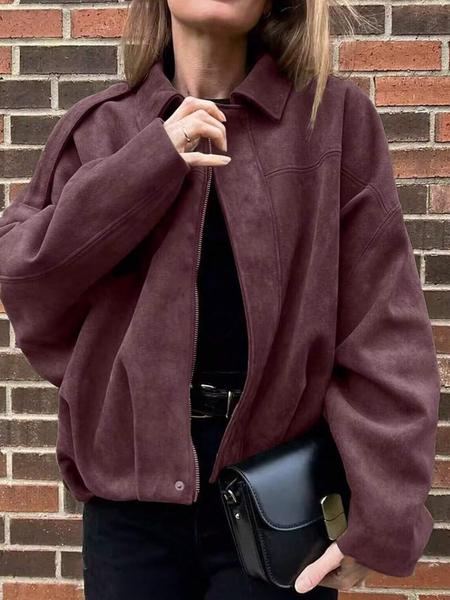 Spring & Fall Suede Texture Zipper Button Pilot Jacket Coat, Stylish Turn-Down Collar Design, Perfect for Casual Wear