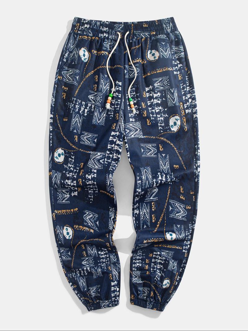 Men's Ethnic Pattern Drawstring Waist Pants, Boho Casual Comfy Trousers for Daily Wear, Men's Bottoms for Summer, Menswear