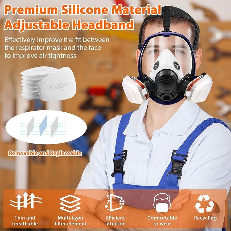 17 in 1 Full Face Respirator, Respirator Mask, Reusable Protective Face Cover with Adjustable Strap Widely Used in Organic Gas, Anti-Dust, Paint Sprayer, Chemical, Woodworking (Eye Protection)
